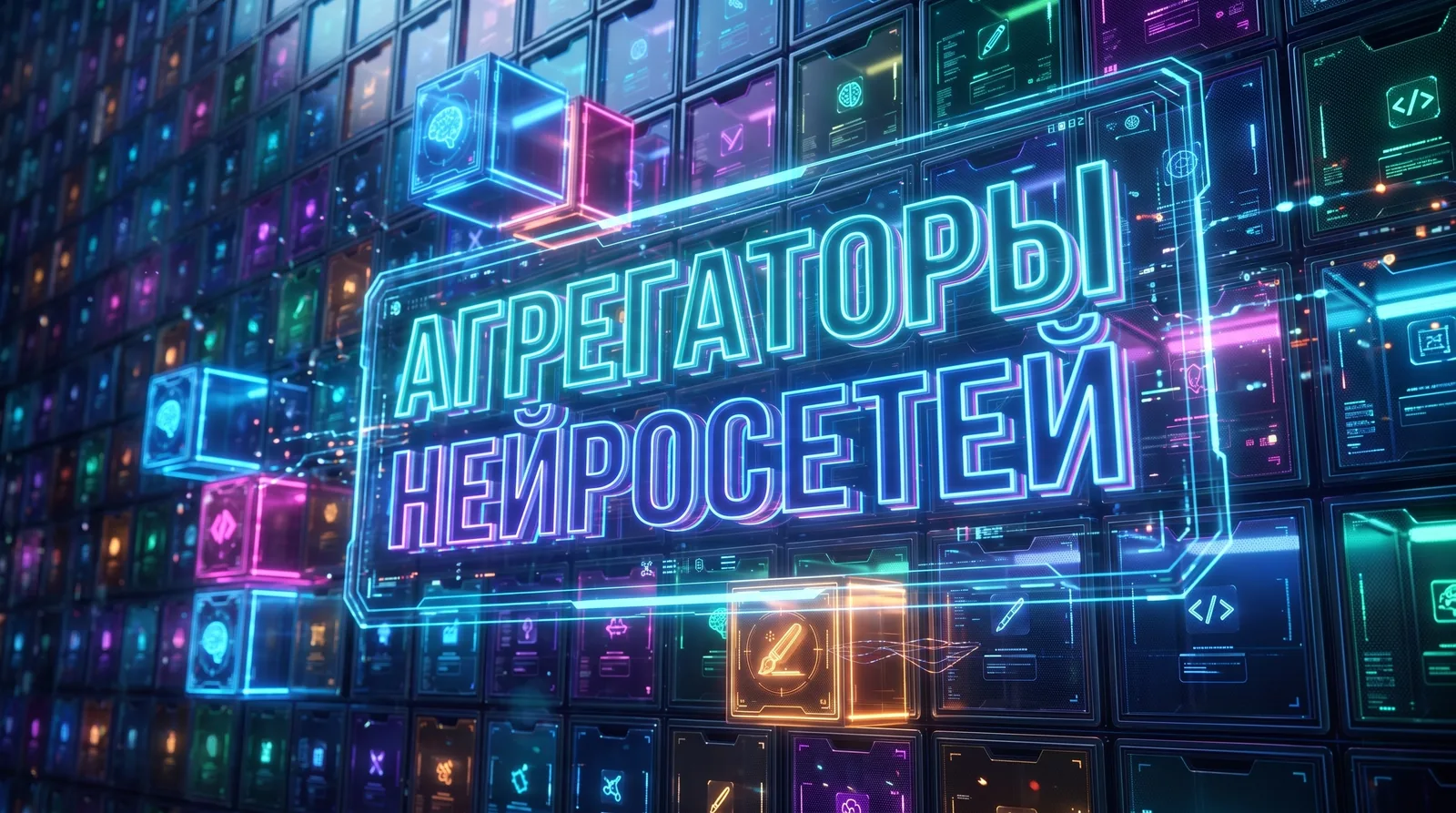 Неоновая вывеска «Агрегаторы нейросетей» на стене из светящихся ячеек с кубами-моделями
