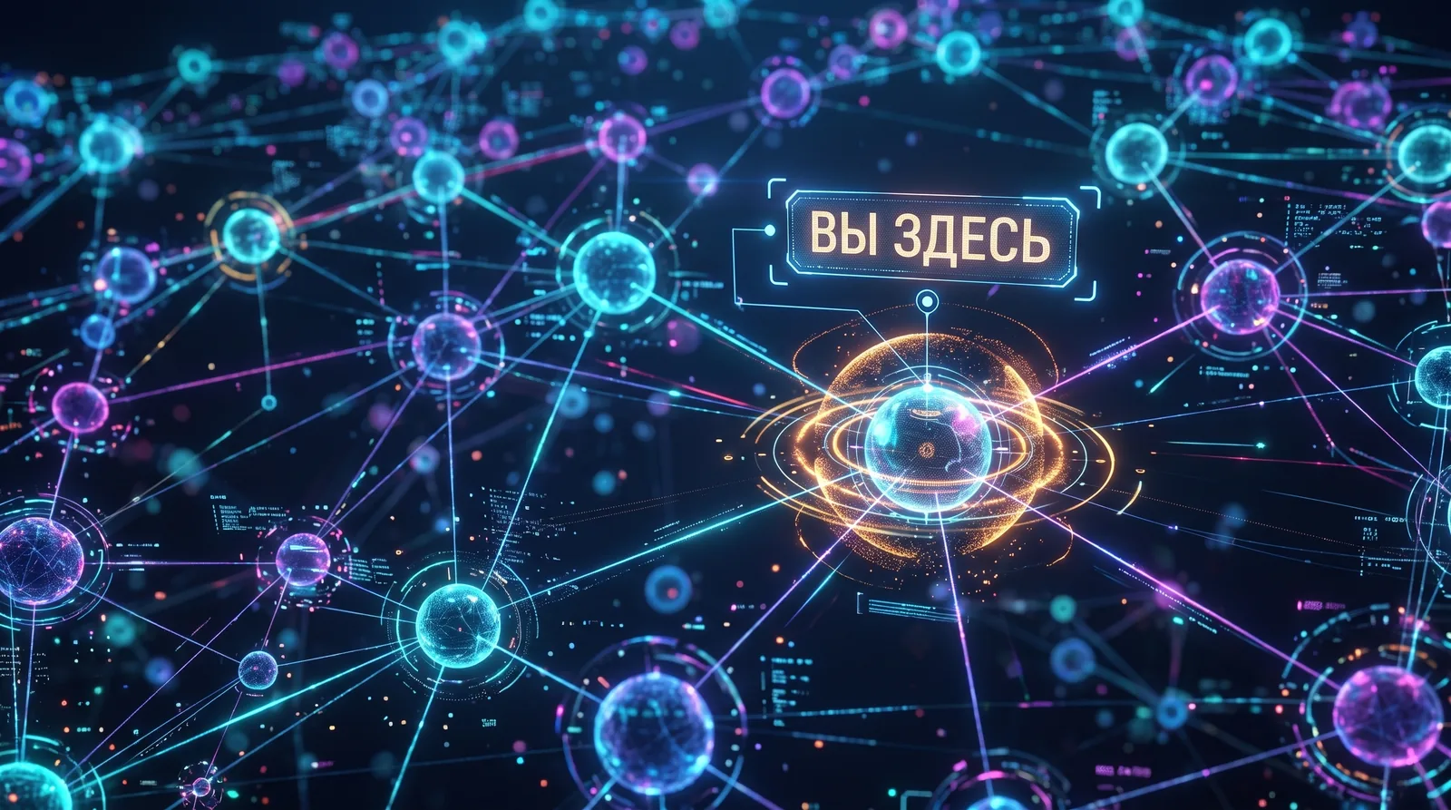 Сеть связанных светящихся узлов, один из них подсвечен как «вы здесь»